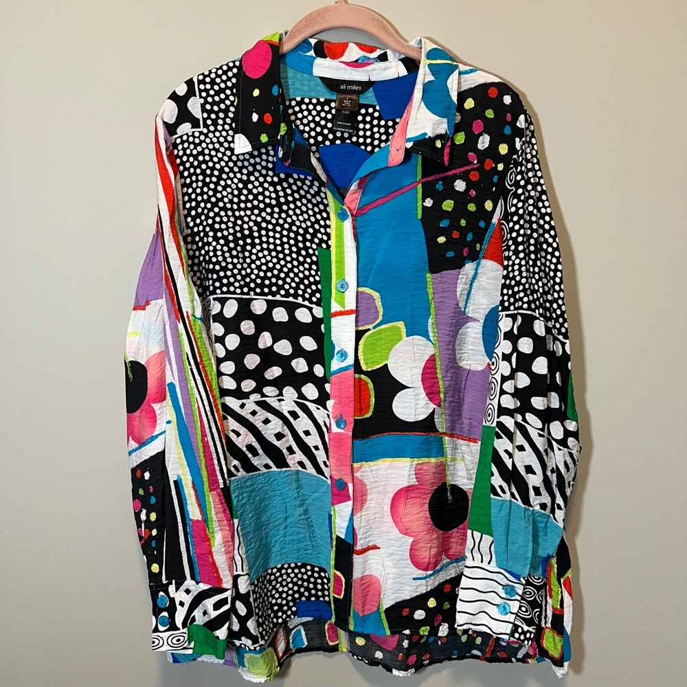 Ali Miles Women's Patchwork Polka Dot Floral Button Up Shirt Multicolor Large